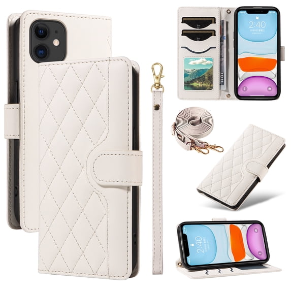 Crossbody Wallet Case for iPhone 11, Credit Card Slots Elegant PU Leather Magnetic Closure Shoulder Strap Purse Phone Case Flip Kickstand Full Body Protection Cover for Women Girls, White