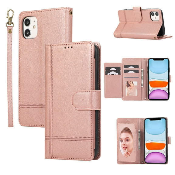 Crossbody Wallet Case for iPhone 11, PU Leather Case Wallet with Lanyard Strap, Card Holder and Make-up Mirror, Full Protection Anti-Scratch Flip Stand Cover for iPhone 11, Rosegold