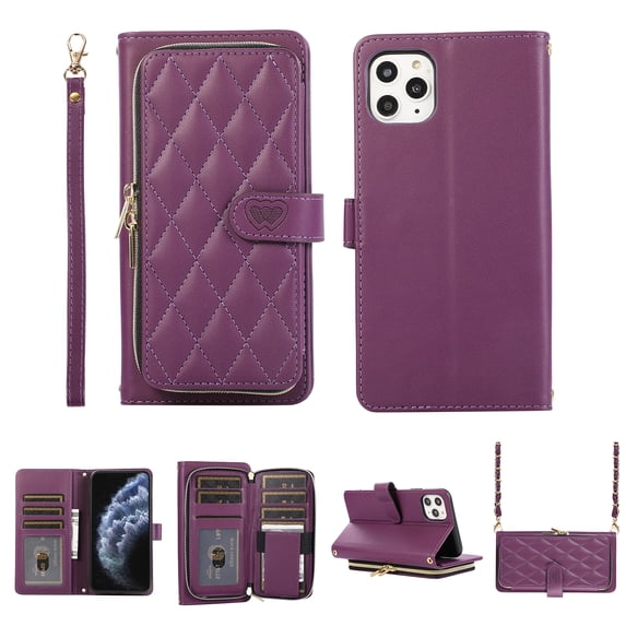 Crossbody Wallet Case for iPhone 11 Pro Chain Lanyard & Wrist Hand Strap Case with Card Slots Zipper Pocket Kickstand, Premium PU Leather Magnetic Clasp Shockproof Flip Cover, Darkpurple