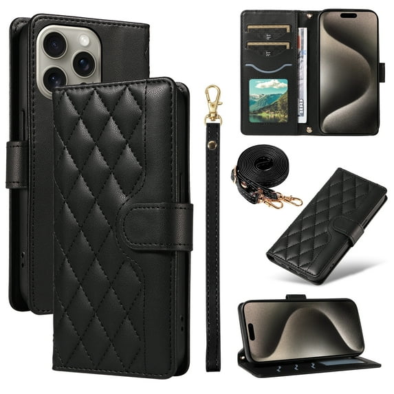 Crossbody Wallet Case for iPhone 11 Pro, Credit Card Slots Elegant PU Leather Magnetic Closure Shoulder Strap Purse Phone Case Flip Kickstand Full Body Protection Cover for Women Girls, Black