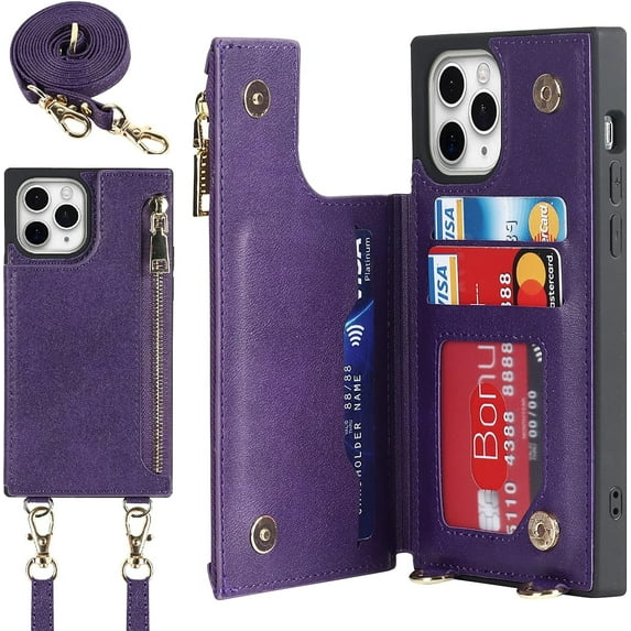 Crossbody Wallet Case for iPhone 11 Pro Max with Card Slot Holder,iPhone 11 Pro Max Magnetic Flip Folio Purse Case, PU Leather Zipper Handbag with Detachable Lanyard Strap 6.5 Inch (Purple)