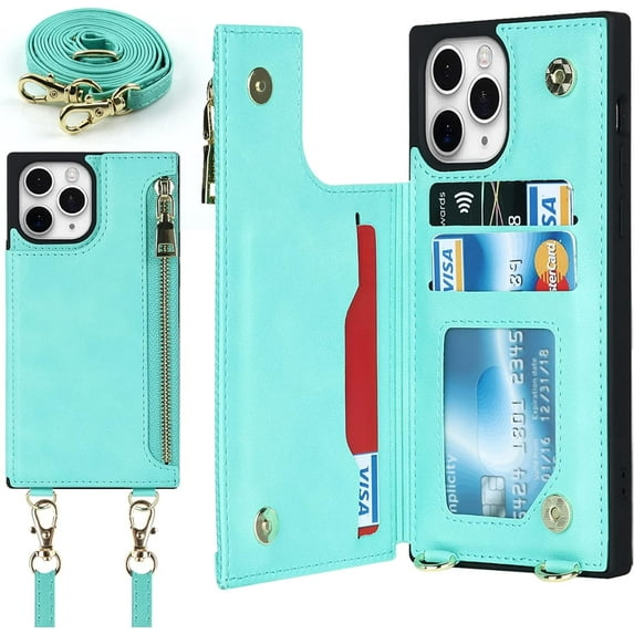 Crossbody Wallet Case for iPhone 11 Pro Max with Card Slot Holder,iPhone 11 Pro Max Magnetic Flip Folio Purse Case, PU Leather Zipper Handbag with Detachable Lanyard Strap 6.5 Inch (Mint Green)