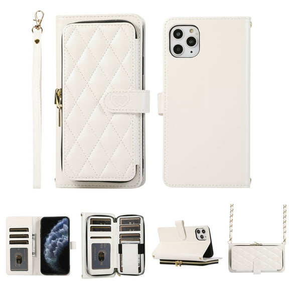 Crossbody Wallet Case for iPhone 11 Pro Max Chain Lanyard & Wrist Hand Strap Case with Card Slots Zipper Pocket Kickstand, Premium PU Leather Magnetic Clasp Shockproof Flip Cover, White