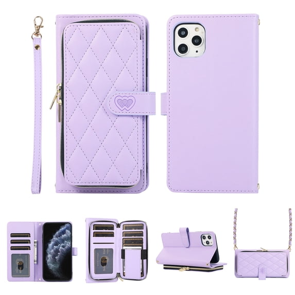 Crossbody Wallet Case for iPhone 11 Pro Max Chain Lanyard & Wrist Hand Strap Case with Card Slots Zipper Pocket Kickstand, Premium PU Leather Magnetic Clasp Shockproof Flip Cover, Purple