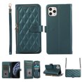 thumbnail image 1 of Crossbody Wallet Case for iPhone 11 Pro Max Chain Lanyard & Wrist Hand Strap Case with Card Slots Zipper Pocket Kickstand, Premium PU Leather Magnetic Clasp Shockproof Flip Cover, Darkgreen, 1 of 9