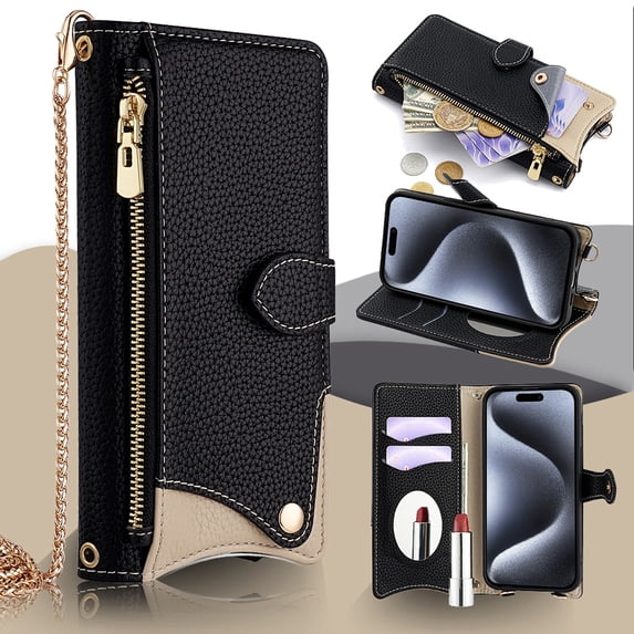 Crossbody Wallet Case for iPhone 11 Pro Max with Make-up Mirror, Detachable Chain Strap, Zipper Purse Card Slots Adjustable Kickstand, PU Leather Shockproof Full Body Cover for Women Girls, Black