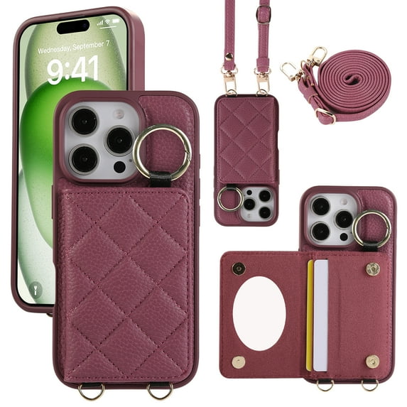 Crossbody Wallet Case for iPhone 11 Pro Max with Make-up Mirror, PU Leather Lanyard Purse Magnetic Clasp Card Holder, Flip Kickstand Shockproof Phone Cover for iPhone 11 Pro Max, Winered
