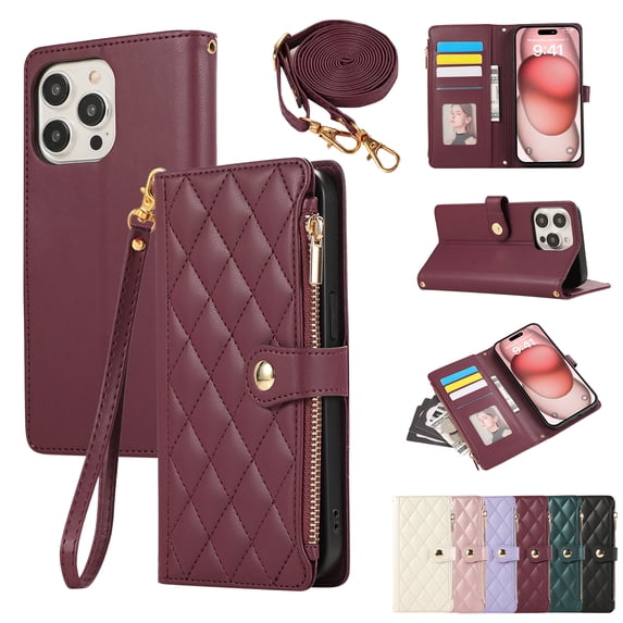 Crossbody Wallet Case for iPhone 11 Pro with Zipper Card Holder & Shoulder Strap & Wrist Strap, RFID Blocking PU Leather Magnetic Flip Kickstand Handbag Purse Case for Women Girls,Winered