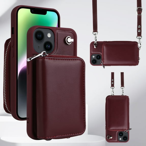 Crossbody Wallet Case for iPhone 11, RFID Blocking Leather Purse Case with Card Holder Kickstand, Protective Handbag Back Flip Phone Cover with Zipper Shoulder Strap for Women, Winered