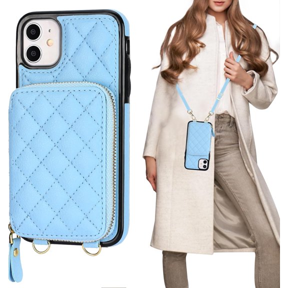 Crossbody Wallet Case for iPhone 11, RFID Blocking PU Leather Zipper Handbag Purse Flip Cover, Kickstand Folio Case with Card Slots Holder Wrist Strap Lanyard 6.1 Inch (Blue)