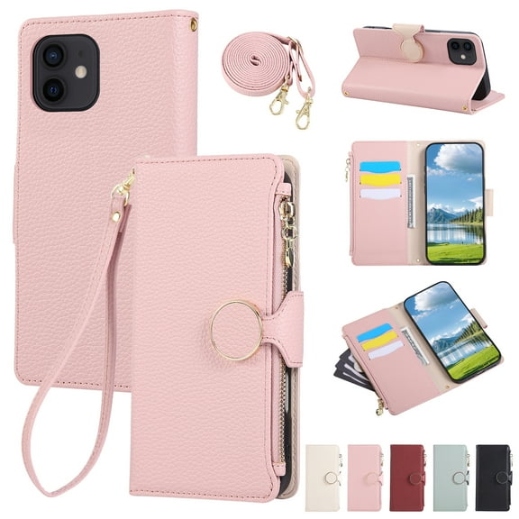 Crossbody Wallet Case for iPhone 11 with Wrist Strap & Shoulder Strap, Zipper Purse with Magnetic Clasp Flip Stand Card Holder, PU Leather Shockproof Cover for iPhone 11, Pink