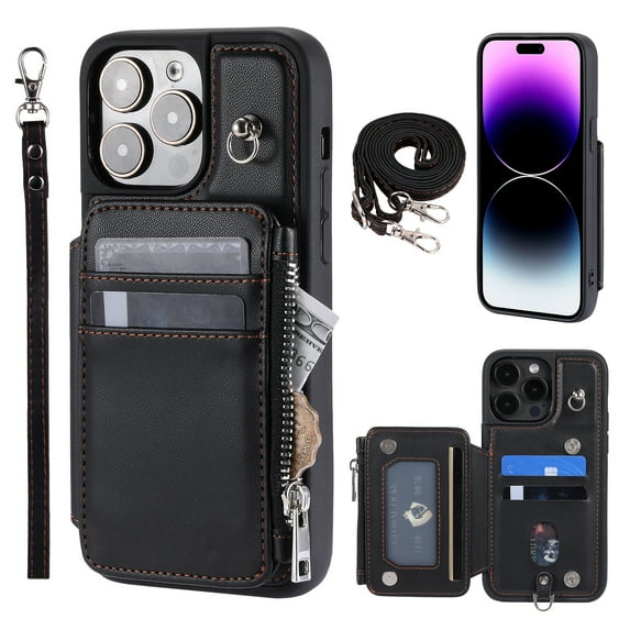 Crossbody Wallet Case for iPhone 12/12 Pro with Card Slot Holder, Magnetic Flip Folio Purse Case, PU Leather Zipper Handbag with Detachable Lanyard Strap & Shoulder Strap, Black