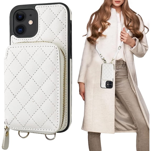 Crossbody Wallet Case for iPhone 12/12 Pro, RFID Blocking PU Leather Zipper Handbag Purse Flip Cover, Kickstand Folio Case with Card Slots Holder Wrist Strap Lanyard 5G 6.1 Inch (White)