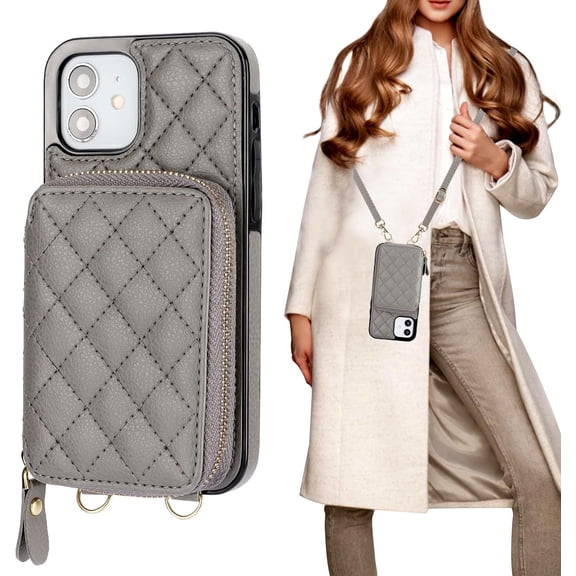 Crossbody Wallet Case for iPhone 12/12 Pro, RFID Blocking PU Leather Zipper Handbag Purse Flip Cover, Kickstand Folio Case with Card Slots Holder Wrist Strap Lanyard 5G 6.1 Inch (Grey)