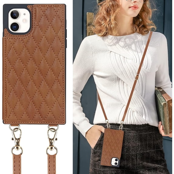 Crossbody Wallet Case for iPhone 12 Mini with Card Slot Holder,Magnetic Flip Folio Purse,PU Leather with Detachable Lanyard Strap Lattice Pattern Travel Case 5.4 Inch (Brown)