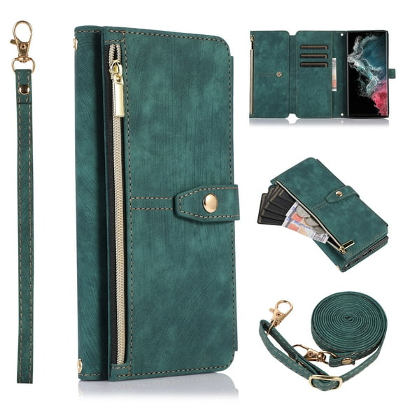 Crossbody Wallet Case for iPhone 12 Mini with RFID Blocking Card Slot Holder, Magnetic Flip Folio Purse Case, PU Leather Zipper Handbag with Detachable Lanyard Strap Phone Case,Darkgreen