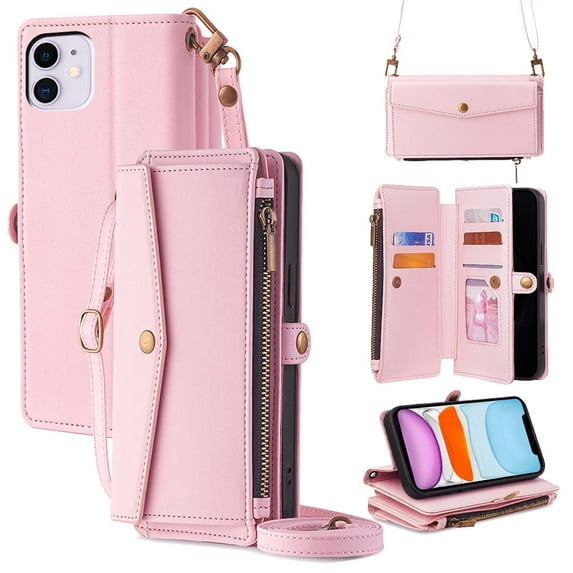 Crossbody Wallet Case for iPhone 12 Pro / 12,PU Leather Zipper Wallet Detachable Magnetic Phone Case, with RFID Blocking Card Holder, Shockproof Protective Cover with pocket Credit Card Slots,Pink