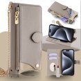 thumbnail image 1 of Crossbody Wallet Case for iPhone 12 Pro / iPhone 12 6.1" with Make-up Mirror, Detachable Chain Strap, Zipper Purse Card Slots Adjustable Kickstand, PU Leather Shockproof Full Body Cover, Gray, 1 of 8