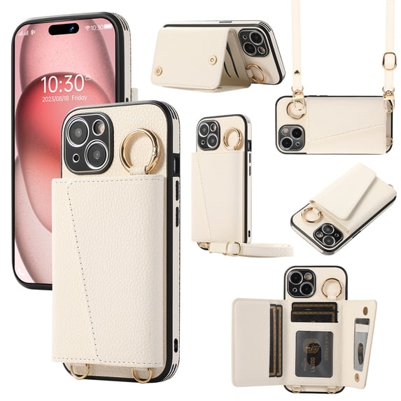 Crossbody Wallet Case for iPhone 12 Pro with Lens Protective Film, Folio PU Leather Case with Card Holder, Shockproof Protection Ring Buckle Phone Case for iPhone 12 Pro, White