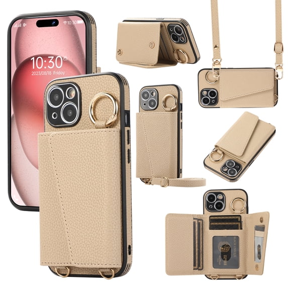 Crossbody Wallet Case for iPhone 12 Pro with Lens Protective Film, Folio PU Leather Case with Card Holder, Shockproof Protection Ring Buckle Phone Case for iPhone 12 Pro, Khaki