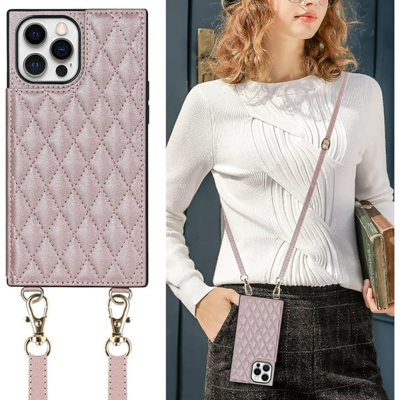 Crossbody Wallet Case for iPhone 12 Pro Max with Card Slot Holder,Magnetic Flip Folio Purse,PU Leather with Detachable Lanyard Strap Lattice Pattern Travel Case 6.7" (Rosegold)