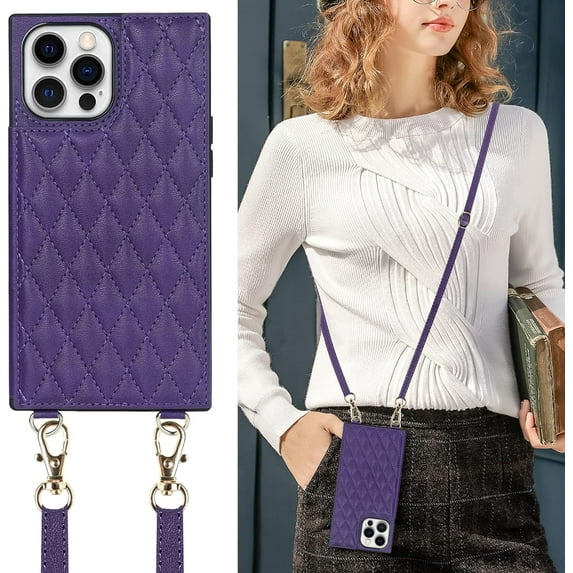 Crossbody Wallet Case for iPhone 12 Pro Max with Card Slot Holder,Magnetic Flip Folio Purse,PU Leather with Detachable Lanyard Strap Lattice Pattern Travel Case 6.7 Inch (Purple)