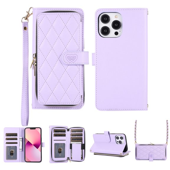 Crossbody Wallet Case for iPhone 12 Pro Max Chain Lanyard & Wrist Hand Strap Case with Card Slots Zipper Pocket Kickstand, Premium PU Leather Magnetic Clasp Shockproof Flip Cover, Purple