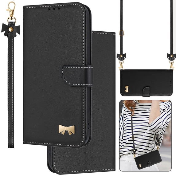 Crossbody Wallet Case for iPhone 12 Pro Max, Magnetic Closure Shoulder Strap & Wrist Strap PU Leather Flip Stand Case with Card Holder RFID Blocking Cash Purse Phone Cover for Women,Black