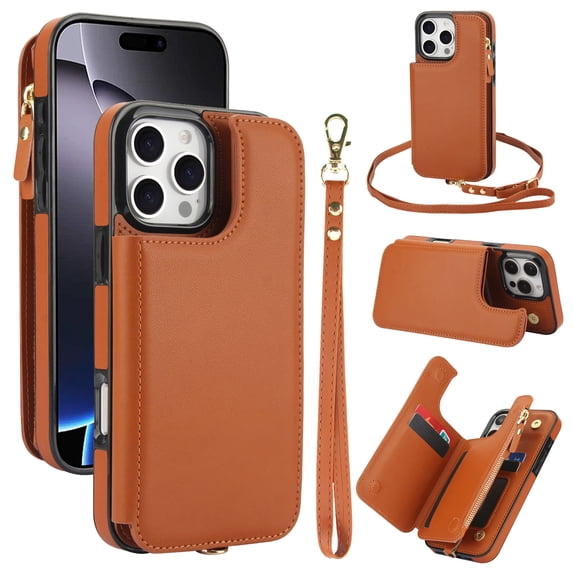 Crossbody Wallet Case for iPhone 12 Pro Max, RFID Blocking Leather Purse Case with Card Holder, Double Flip-top Designing,Protective Flip Cover with Zipper Wrist Strap & Lanyard,Brown