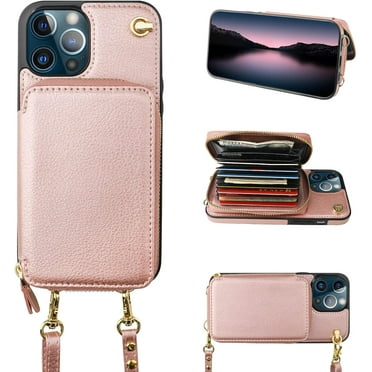 Crossbody Wallet Case for iPhone 12 Pro Max, RFID Blocking Leather Purse Case with Card Holder, Protective Handbag Flip Cover with Zipper Wrist Strap Lanyard for Women 5G 6.7 Inch (Rose Gold)