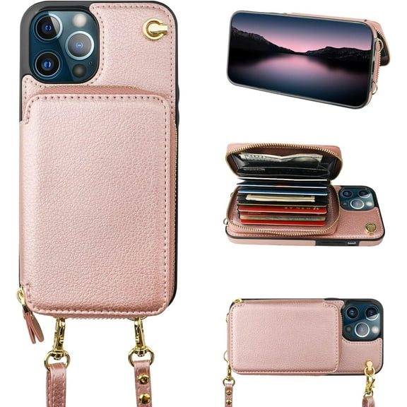 Crossbody Wallet Case for iPhone 12 Pro Max, RFID Blocking Leather Purse Case with Card Holder, Protective Handbag Flip Cover with Zipper Wrist Strap Lanyard for Women 5G 6.7 Inch (Rose Gold)