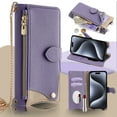 thumbnail image 1 of Crossbody Wallet Case for iPhone 12 Pro / iPhone 12 6.1" with Make-up Mirror, Detachable Chain Strap, Zipper Purse Card Slots Adjustable Kickstand, PU Leather Shockproof Full Body Cover, Purple, 1 of 8