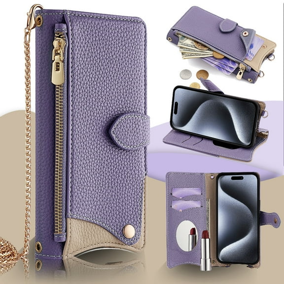 Crossbody Wallet Case for iPhone 12 Pro / iPhone 12 6.1" with Make-up Mirror, Detachable Chain Strap, Zipper Purse Card Slots Adjustable Kickstand, PU Leather Shockproof Full Body Cover, Purple