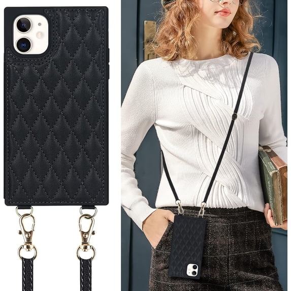 Crossbody Wallet Case for iPhone 12/iPhone 12 Pro with Card Slot Holder,Magnetic Flip Folio Purse,PU Leather with Detachable Lanyard Strap Lattice Pattern Case 6.1"(Black)