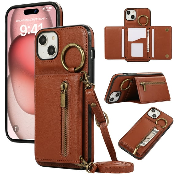 Crossbody Wallet Case for iPhone 13 with Lanyard Strap Card Slot Holder RFID Blocking 360° Ring Kickstand,Magnetic Flip Folio Zipper Purse Case, PU Leather Cover Handbag,Coffee