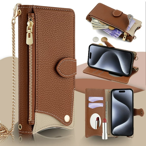 Crossbody Wallet Case for iPhone 13 with Make-up Mirror, Detachable Chain Strap, Zipper Purse Card Slots Adjustable Kickstand, PU Leather Shockproof Full Body Cover for Women Girls, Brown