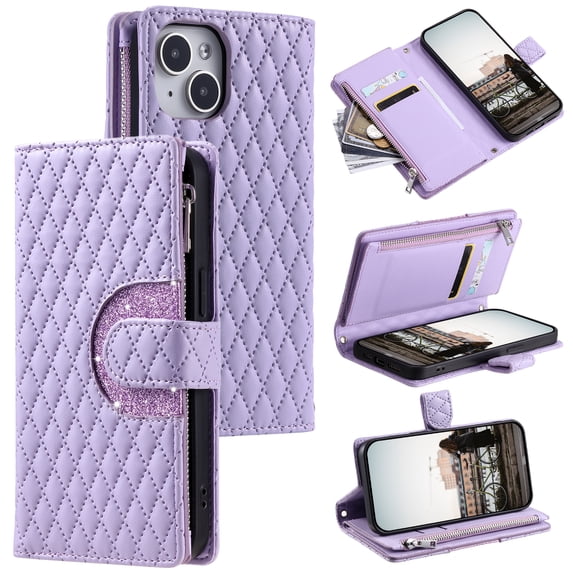 Crossbody Wallet Case for iPhone 13 Mini Glitter PU Leather Phone Case with Card Slots Stand Wrist Strap Cover Magnetic Closure Flip Handbag Zipper Purse Case for Women Girls, Purple