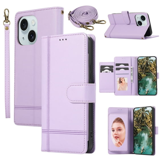 Crossbody Wallet Case for iPhone 13, PU Leather Case Wallet with Lanyard Strap, Card Holder and Make-up Mirror, Full Protection Anti-Scratch Flip Stand Cover for iPhone 13, Purple