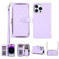 thumbnail image 1 of Crossbody Wallet Case for iPhone 13 Pro Chain Lanyard & Wrist Hand Strap Case with Card Slots Zipper Pocket Kickstand, Premium PU Leather Magnetic Clasp Shockproof Flip Cover, Purple, 1 of 9