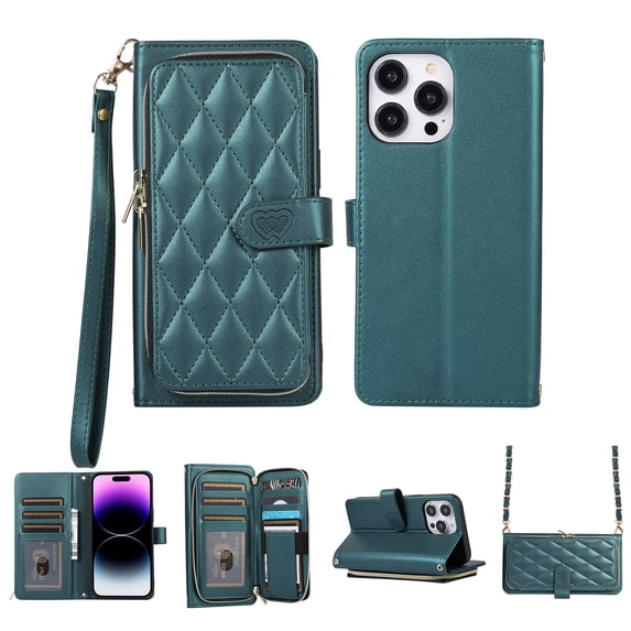 Crossbody Wallet Case for iPhone 13 Pro Chain Lanyard & Wrist Hand Strap Case with Card Slots Zipper Pocket Kickstand, Premium PU Leather Magnetic Clasp Shockproof Flip Cover, Darkgreen