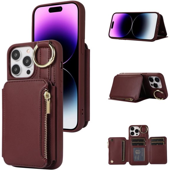 Crossbody Wallet Case for iPhone 13 Pro Max 6.7 inch, Card Holder Folio Cover Kickstand RFID Blocking Phone Case PU Leather Zipper Purse Wrist Strap Lanyard Flip Case for Women - Red Wine