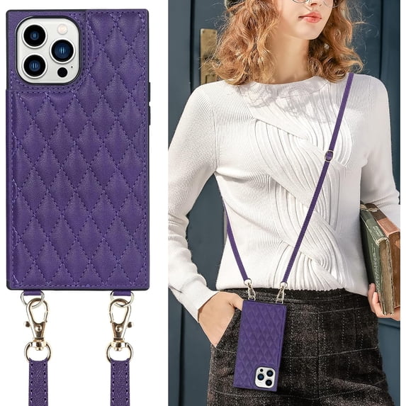 Crossbody Wallet Case for iPhone 13 Pro Max with Card Slot Holder,Magnetic Flip Folio Purse,PU Leather with Detachable Lanyard Strap Lattice Pattern Travel Case 6.7 Inch (Purple)
