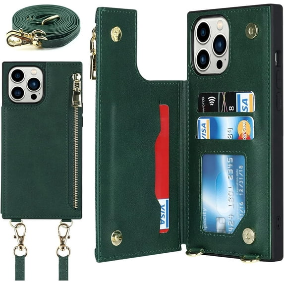 Crossbody Wallet Case for iPhone 13 Pro Max with Card Slot Holder,iPhone 13 Pro Max Magnetic Flip Folio Purse Case, PU Leather Zipper Handbag with Detachable Lanyard Strap 6.7 Inch (Green)