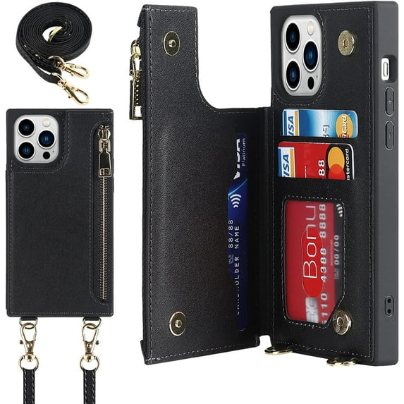 Crossbody Wallet Case for iPhone 13 Pro Max with Card Slot Holder,iPhone 13 Pro Max Magnetic Flip Folio Purse Case, PU Leather Zipper Handbag with Detachable Lanyard Strap 6.7 Inch 5G (Black)