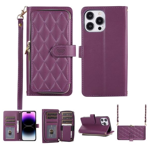 Crossbody Wallet Case for iPhone 13 Pro Max Chain Lanyard & Wrist Hand Strap Case with Card Slots Zipper Pocket Kickstand, Premium PU Leather Magnetic Clasp Shockproof Flip Cover, Darkpurple