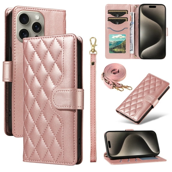 Crossbody Wallet Case for iPhone 13 Pro Max, Credit Card Slots Elegant PU Leather Magnetic Closure Shoulder Strap Purse Phone Case Flip Kickstand Full Body Protection Cover for Women Girls, Rosegold