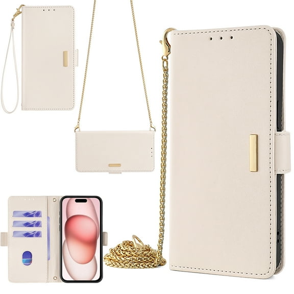 Crossbody Wallet Case for iPhone 13 Pro Max with Lanyard Strap & Shoulder Strap & Card Slot Holder RFID Blocking,Magnetic Flip Kickstand Case, Luxury Elegent PU Leather Cover Handbag,White