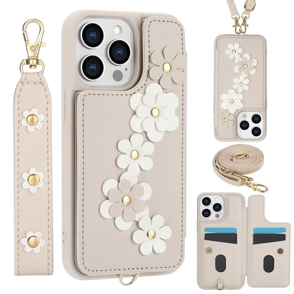 Crossbody Wallet Case for iPhone 13 Pro Max, Magnetic Back Flip Kickstand Floral PU Leather Phone Case with RFID Blocking Card Holder Wristlet Strap Shoulder Purse for Women,White