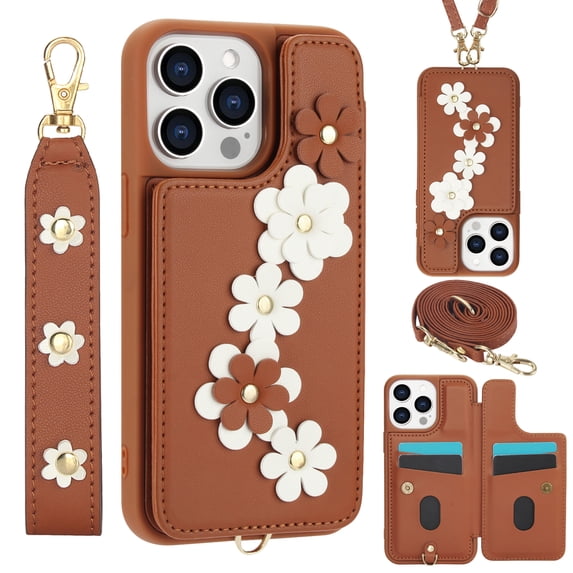 Crossbody Wallet Case for iPhone 13 Pro Max, Magnetic Back Flip Kickstand Floral PU Leather Phone Case with RFID Blocking Card Holder Wristlet Strap Shoulder Purse for Women,Brown