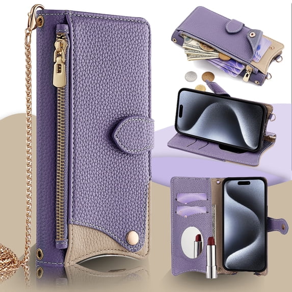 Crossbody Wallet Case for iPhone 13 Pro Max with Make-up Mirror, Detachable Chain Strap, Zipper Purse Card Slots Adjustable Kickstand, PU Leather Shockproof Full Body Cover for Women Girls, Purple